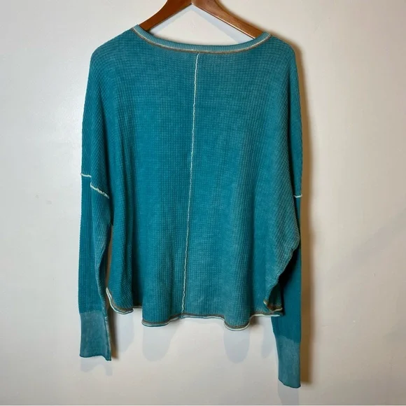 Sundance Gentry Henley Waffle Knit Drop Shoulder Teal Long Sleeve Top NWT - Picture 2 of 11